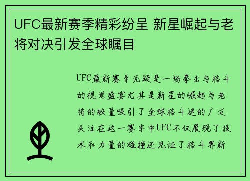 UFC最新赛季精彩纷呈 新星崛起与老将对决引发全球瞩目